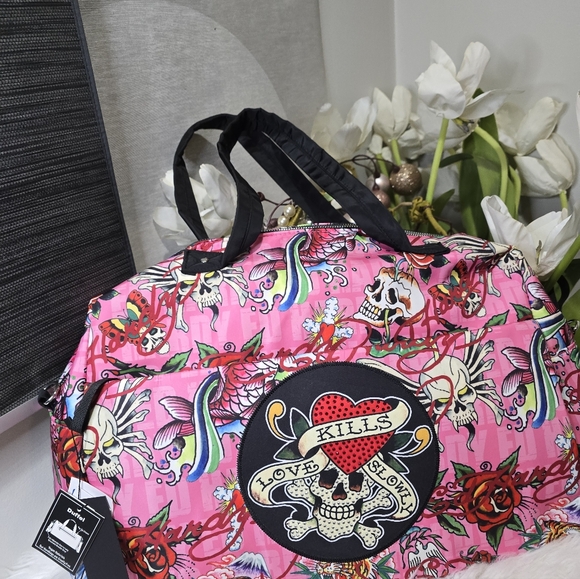 Ed Hardy Pink Love Kills Rhinestone Large Duffle Bag tattoo flash New - Picture 2 of 7